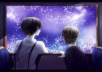  2boys black_hair campanella_(ginga_tetsudou_no_yoru) ginga_tetsudou_no_yoru giovanni_(ginga_tetsudou_no_yoru) multiple_boys natsumura_amata night night_sky short_hair sky star_(sky) starry_sky train train_interior window 