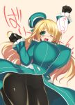  1girl atago_(kantai_collection) blonde_hair bouncing_breasts breasts brown_background gloves green_eyes hat huge_breasts jumping kantai_collection long_hair looking_at_viewer midair one_eye_closed pantyhose smile solo takeda_aranobu 