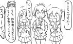  4girls :d bangs blunt_bangs comic folded_ponytail gloves hair_ribbon inazuma_(kantai_collection) kantai_collection long_hair long_sleeves monochrome multiple_girls neckerchief open_mouth pleated_skirt ponytail ribbon sailor_collar school_uniform serafuku shiranui_(kantai_collection) short_hair skirt smile tonda tone_(kantai_collection) translation_request twintails yuudachi_(kantai_collection) 