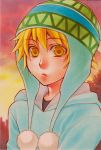  1boy beanie blonde_hair hat highres marker_(medium) noragami seef short_hair solo traditional_media yellow_eyes yukine_(noragami) 