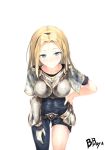  1girl armor armored_dress bangs blonde_hair blue_eyes bodysuit chest_plate faulds gauntlets hairband hand_on_hip highres league_of_legends leaning_forward long_hair looking_at_viewer luxanna_crownguard parted_bangs siod skin_tight 