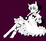  1girl animal_ears barefoot braid cat_ears cat_tail dress frilled_dress frills gomi_(gomitin) kaenbyou_rin multiple_tails red_eyes spot_color tail touhou twin_braids 