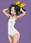 1girl green_eyes green_hair looking_at_viewer midorikawa_nao one-piece_swimsuit open_mouth ponytail precure purple_background rohitsuka short_hair sketch smile_precure! solo swimsuit white_swimsuit 