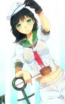  1girl anchor black_hair gloves green_eyes hat hishaku hourai_ninjin murasa_minamitsu navel sailor_collar sailor_hat solo touhou 