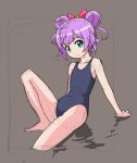  1girl bow brown_background double_bun green_eyes hair_bow looking_at_viewer manaka_lala puri_para purple_hair rohitsuka school_swimsuit short_hair sitting sketch solo swimsuit 