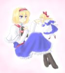  1girl alice_margatroid blonde_hair blue_eyes book book_hug bow capelet cross-laced_footwear doll dress frilled_dress frills gomi_(gomitin) grimoire_of_alice hair_bow hairband hand_kiss holding holding_book kiss pantyhose shanghai_doll short_hair sketch smile touhou 