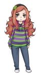  1girl 4chan bags_under_eyes clover colored_stripes denim four-leaf_clover freckles green_eyes hairband jeans light_frown long_hair monorus no_shoes pants redhead simple_background socks solo striped_hoodie sweater vivian_james white_background 