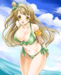  1girl arms_behind_back bikini breasts brown_hair cleavage front-tie_top hasei_agana long_hair love_live!_school_idol_project minami_kotori swimsuit thigh_gap topknot yellow_eyes 