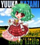  1girl :d character_name chibi chino_(ch_no) english field flower flower_field green_hair holding kazami_yuuka looking_at_viewer open_mouth parasol red_eyes short_hair skirt skirt_set sky smile solo sunflower tagme touhou umbrella 