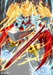  buckle cape chicago-x claws digimon dual_wielding fire flame flaming_sword glowing horn horns jesmon magic_circle monster multiple_swords no_humans signature solo spikes sword tail weapon 