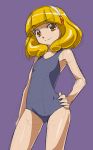  1girl blonde_hair hairband hand_on_hip kise_yayoi looking_at_viewer one-piece_swimsuit precure purple_background rohitsuka short_hair sketch smile smile_precure! solo swimsuit yellow_eyes 