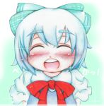  blue_hair blush cirno dress happy ironblood laughing ribbon short_sleeves sparkle text touhou translation_request 
