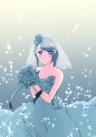  1girl bare_shoulders blue_eyes blue_hair bouquet dress flower highres mahou_shoujo_madoka_magica miki_sayaka momoko_(palemon) short_hair smile solo veil wedding_dress 