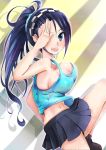 1girl bare_shoulders black_hair blue_eyes bouncing_breasts breasts collarbone hair_ornament hair_over_one_eye hairband hand_on_head kashima_noa large_breasts long_hair looking_at_viewer midriff miniskirt navel no_bra open_mouth rail_wars! skirt solo sweat tagme 