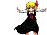  1girl ascot blonde_hair blouse grin hair_ribbon outstretched_arms red_eyes ribbon rumia short_hair skirt smile spread_arms suikyou_(aqua_cities) touhou vest 