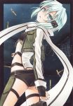  1girl aqua_eyes aqua_hair arched_back ass fingerless_gloves fujiwara_minaho gloves scarf shinon_(sao) short_hair short_shorts shorts sword_art_online 