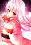  1girl flower highres japanese_clothes kimono long_hair mintsu_(ichi--kun) obi original pink_hair red_eyes sash solo spider_lily 
