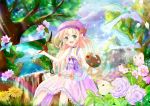  1girl :d bird blonde_hair butterfly canvas_(object) choker daiso dress faux_traditional_media flower green_eyes hat holding long_hair looking_at_viewer oekaki_musume open_mouth original paintbrush painting palette pointy_ears purple_dress smile solo_focus tagme tree 