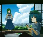  2girls :d bare_shoulders blue_hair blue_sky blush bust cabbie_hat chopsticks closed_eyes clouds cloudy_sky detached_sleeves dish dress eating food forest frog_hair_ornament glasses green_hair hair_bobbles hair_ornament hair_tubes hat indoors kawashiro_nitori key kochiya_sanae long_hair mountain multiple_girls nature open_mouth plate pocket ribbon scenery shiratama_(hockey) short_hair short_sleeves short_twintails sitting sky sleeves_rolled_up smile snake_hair_ornament touhou tray twintails 