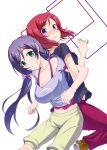  2girls absurdres aqua_eyes back-to-back blush breasts collarbone emanon123 grin highres locked_arms long_hair looking_at_viewer love_live!_school_idol_project multiple_girls navel nishikino_maki pants purple_hair redhead short_hair smile t-shirt toujou_nozomi twintails violet_eyes wavy_mouth 