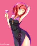  2014 alcohol armpits bare_shoulders glass highres jewelry looking_at_viewer love_live!_school_idol_project necklace nishikino_maki one_eye_closed redhead simple_background smile tiara violet_eyes wine yu-ta 
