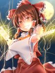  &gt;:) 1girl ascot bow brown_eyes brown_hair crossed_arms detached_sleeves electricity full_moon grin hair_bow hair_ribbon hair_tubes hakurei_reimu highres holding kuro-hero looking_at_viewer moon ofuda ribbon ribbon-trimmed_sleeves ribbon_trim sky smile solo star_(sky) starry_sky touhou 