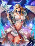  angel angel_wings blonde_hair blue_eyes breasts cleavage crystal highres kenshjn_park microskirt skirt staff watermark wings 
