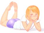  1girl ass bare_legs barefoot bike_shorts blush elbow_rest feet full_body hands_on_own_face highres legs_up lying on_stomach orange_hair original red_eyes shadow shirt short_hair short_sleeves shorts simple_background soles solo tareme toes uniponsuka white_background white_shirt 