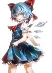  1girl ascot blue_dress blue_eyes blue_hair blush bow cirno dress frills hair_bow hair_ornament ice ice_wings kozou_(soumuden) looking_at_viewer looking_back open_mouth puffy_sleeves short_hair short_sleeves simple_background smile solo touhou white_background wings 