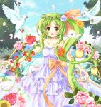  1girl :d alternate_costume bare_shoulders bird collarbone daiso daiyousei dove dress flower frilled_dress frills green_eyes green_hair long_hair looking_at_viewer open_mouth petals pigeon rose side_ponytail smile solo_focus sunflower tagme touhou 