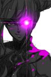  1girl glowing glowing_eye grin han_juri highres kumo_ni_notte monochrome smile solo spot_color street_fighter street_fighter_iv violet_eyes 