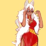  1girl animal_ears blue_eyes breasts cat_ears cat_tail china_dress chinese_clothes cleavage dark_skin dress fang fur_coat gloves kaiten_muten-maru kamisuki large_breasts long_hair open_mouth red_dress shamu_meruruusa side_slit smile solo sunglasses tail white_hair 