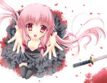  1girl :d black_dress black_legwear bow breasts cleavage dress frilled_dress frills from_above gasai_yuno hair_bow hair_ribbon katana long_hair looking_at_viewer looking_up mirai_nikki open_mouth petals pink_eyes pink_hair reaching ribbon sitting smile solo suihi sword tagme thigh-highs very_long_hair weapon zettai_ryouiki 