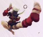  1girl alternate_costume asymmetrical_clothes barefoot bendy decapre fingerless_gloves flying_kick foot foreshortening gloves harness kicking legs long_hair man_in_the_iron_mask mask red_eyes scamwich soles solo street_fighter toes ultra_street_fighter_iv 