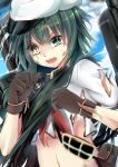  1girl cape eyepatch eyepatch_removed gloves green_eyes green_hair hat heterochromia kantai_collection kiso_(kantai_collection) looking_at_viewer machinery midriff navel open_mouth scar_across_eye short_hair solo suitenjh torn_clothes yellow_eyes 