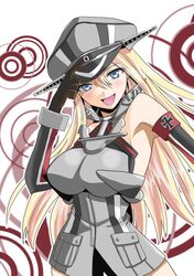  1girl armpits bare_shoulders bismarck_(kantai_collection) bottomless breasts cowboy_shot elbow_gloves gloves hand_on_headwear hat iron_cross kantai_collection large_breasts looking_at_viewer military military_uniform nanagami_ginji open_mouth outline peaked_cap sleeveless smile solo uniform 