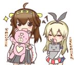  2girls :3 annoyed aoki_hagane_no_arpeggio arm_strap black_skirt blonde_hair blue_skirt brown_eyes brown_hair cannon chibi closed_eyes commentary_request detached_sleeves gloves hair_ribbon headgear heart innertube jakoo21 jewelry kantai_collection kirishima_(aoki_hagane_no_arpeggio) kongou_(kantai_collection) long_hair long_sleeves multiple_girls necklace nontraditional_miko pleated_skirt rensouhou-chan ribbon school_uniform serafuku shimakaze_(kantai_collection) skirt stuffed_animal stuffed_toy teddy_bear translated white_gloves yotarou_(aoki_hagane_no_arpeggio) |_| 