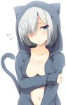  1girl animal_hood blue_eyes blush breasts cat_hood cat_tail cleavage hair_ornament hair_over_one_eye hairclip hamakaze_(kantai_collection) hood hoodie kantai_collection large_breasts looking_at_viewer nagami_yuu naked_hoodie navel short_hair silver_hair simple_background solo tail white_background 