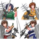  4girls aimpoint akagi_(kantai_collection) alternate_costume bow_(weapon) breasts brown_eyes brown_hair combat_knife commentary hiryuu_(kantai_collection) japanese_clothes kaga_(kantai_collection) kantai_collection long_hair multiple_girls muneate sgt.size short_hair side_ponytail souryuu_(kantai_collection) tattoo twintails weapon 