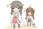  &gt;:&gt; &gt;:) 2girls ahoge black_hair black_skirt brown_eyes brown_hair cape detached_sleeves hair_ornament hairclip haruna_(kantai_collection) headgear jakoo21 kantai_collection kongou_(kantai_collection) long_hair long_sleeves multiple_girls nontraditional_miko paint_can paint_on_face paintbrush pleated_skirt red_skirt skirt smile socks 