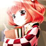  1girl :t bell book close-up hair_bell hair_ornament holding kakikukekikoka long_sleeves looking_at_viewer low_twintails motoori_kosuzu pink_hair pout red_eyes solo touhou twintails wide_sleeves 
