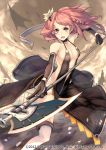  1girl black_dress breasts dress elbow_gloves fighting_stance galaxy_dungeon gloves hair_ornament halberd keypot long_hair official_art open_mouth pink_eyes pink_hair polearm solo thigh-highs weapon white_legwear 