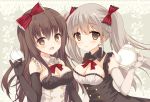  2girls :d black_gloves breasts brown_eyes brown_hair cleavage cup detached_collar elbow_gloves gloves hair_ornament hair_ribbon holding long_hair looking_at_viewer miko_92 multiple_girls open_mouth original ribbon silver_hair smile tagme teacup teapot twintails white_gloves 