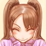  1girl blush breasts brown_hair close-up closed_eyes hands_on_own_face kamisuki original smile solo sweater twintails 