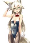  1girl animal_ears bare_shoulders blonde_hair blush covered_navel detached_collar fishnet_pantyhose fishnets fox_ears gloves green_eyes haik kokonoe_tsubaki long_hair looking_at_viewer open_mouth original pantyhose salute simple_background small_breasts smile solo tail white_background white_gloves 