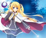  1girl :d black_legwear blonde_hair blue_eyes cape holding long_hair looking_at_viewer open_mouth pantyhose quiz_magic_academy school_uniform shalon smile solo staff suihi tagme 