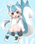  1girl ahoge animal_ears blue_hair brown_eyes highres looking_at_viewer multicolored_hair open_mouth pachirisu personification pokemon pokemon_(game) smile solo squirrel_tail tail takeshima_(nia) white_hair 