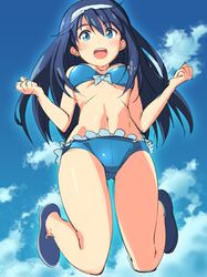  1girl :d bikini blue_bikini blue_eyes blue_hair blush bow bow_bikini clenched_hands clouds frilled_bikini frilled_swimsuit frills futaba_aoi_(vividred_operation) hairband highres jumping long_hair michairu midriff navel open_mouth shiny shiny_clothes sketch sky smile solo summer swimsuit vividred_operation 