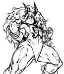  &gt;:( 1girl big_hair bracelet breasts clothes_writing dated du_dou fighting_stance horns jewelry legs long_hair mariel_cartwright monochrome muscle oboro_muramasa rajagi signature simple_background sketch solo thick_thighs thighs white_background 