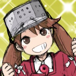  1girl blush blush_stickers brown_eyes brown_hair bust clenched_hands collared_shirt grin kaneko_masaru kantai_collection long_hair looking_at_viewer magatama no_nose ryuujou_(kantai_collection) smile solo sparkle teeth twintails visor_cap 